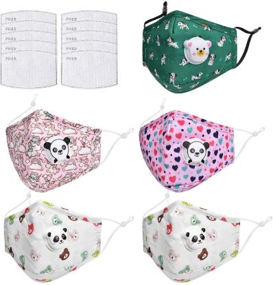 Shaboo Prints Kids Cover 5PCS Protective -Mask- Reusable & Washable Bandanas with Valve Breathable Cover Carton Pattern with Carbon Filters for Kids 3-12 Year Old